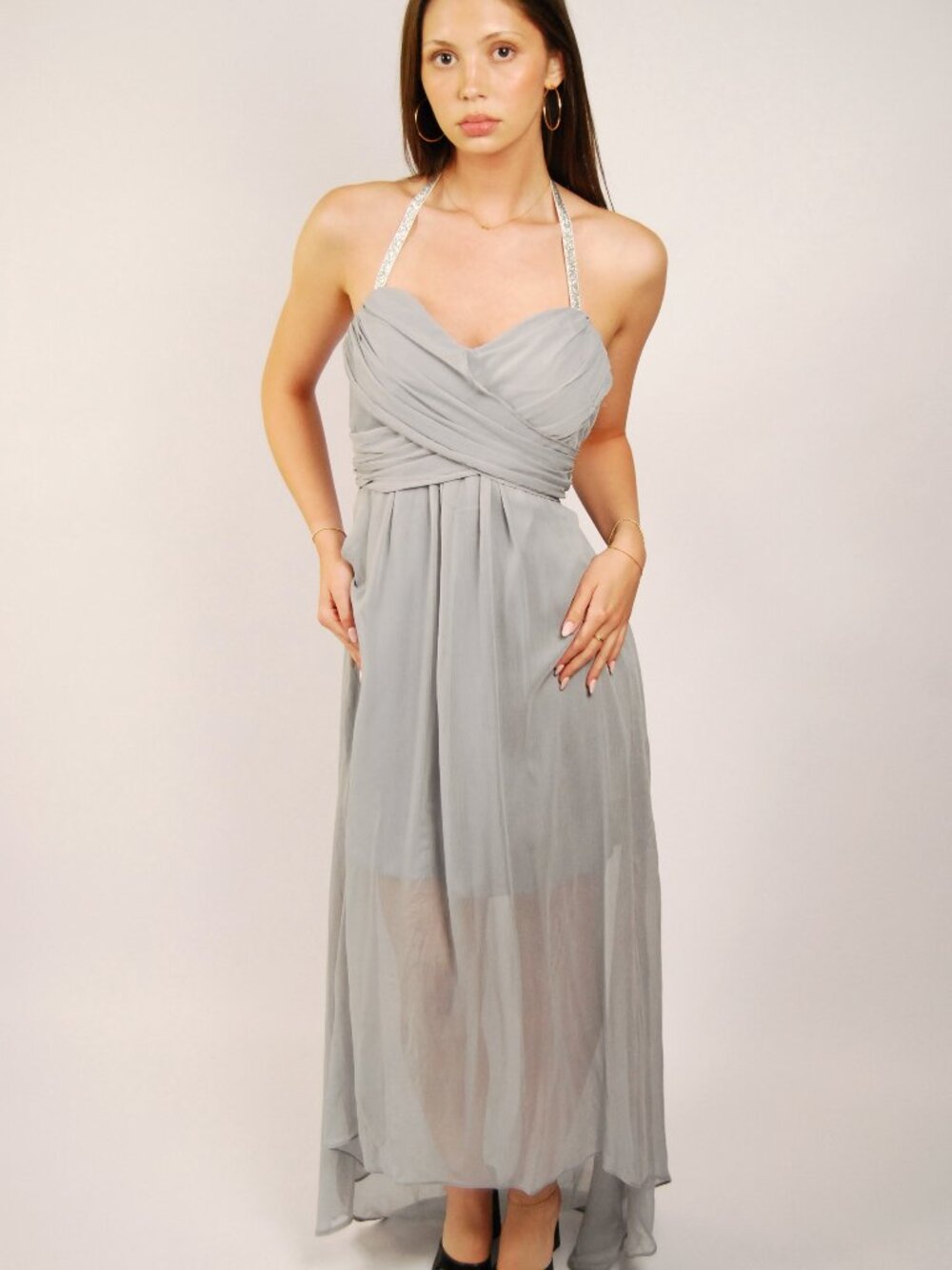 Y2K Halter Gown (M) medium grey vintage maxi bridesmaid formal prom dress glam